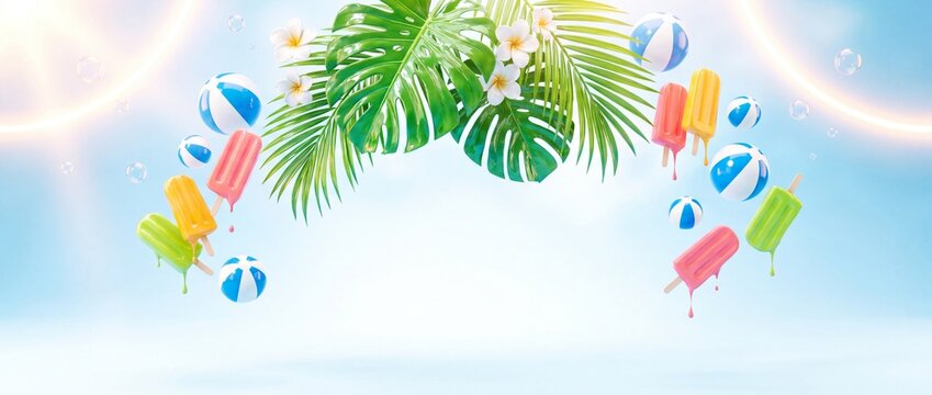 Floating summer foliage and beach objects in a bright dreamscape setting