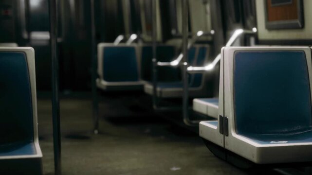 A subway train with empty blue seats is seen in a quiet station. The train is not in motion and the lighting inside is low. No people are present on the train.