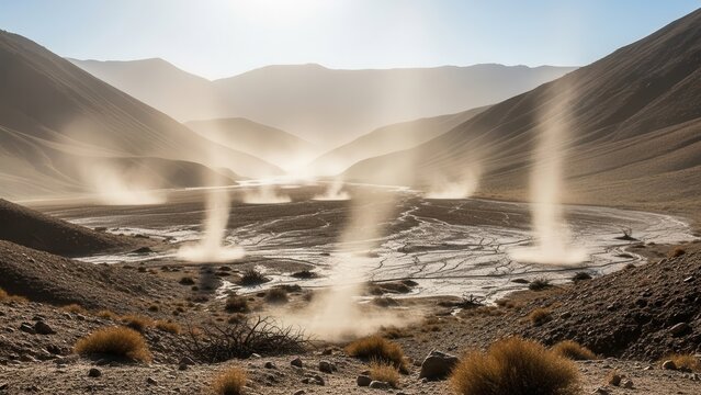Dust devils swirling in a barren desert valley