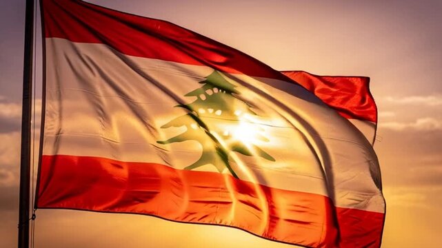 Flag of lebanon waving against a golden sunset sky