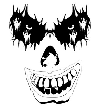 Scary evil clown face silhouette with creepy eyes and big smile.