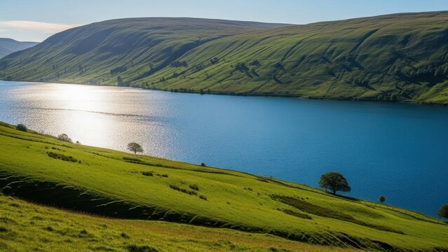 Serene lake nestled between rolling green hills under a clear blue sky