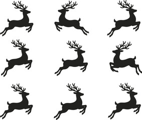Set of black jumping reindeer silhouettes, various poses on transparent background. © Mst Insanara Begum