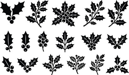 Black silhouette holly leaves and berries on checkered background collection. © Mst Insanara Begum
