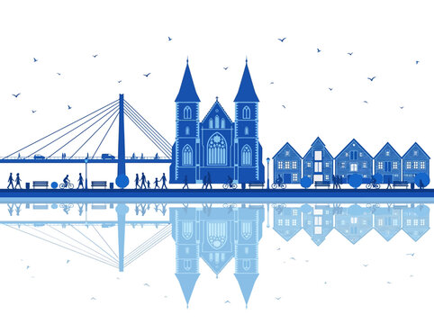 Blue City Skyline Illustration with Bridge, Cathedral, and Waterfront Reflection