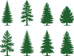Set of green coniferous pine tree silhouettes on a neutral checker background. © Mst Insanara Begum