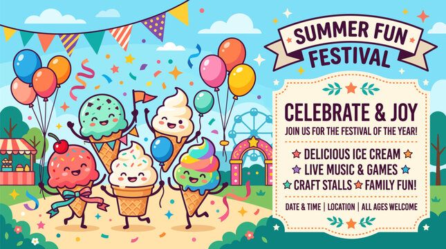Cute cartoon ice cream characters dancing at a summer fun festival with balloons with cones dancing outdoor five happy