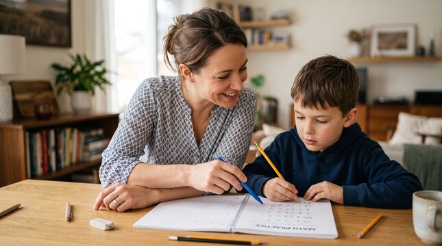 Mother helping her son with math homework at a wooden table in a bright home setting