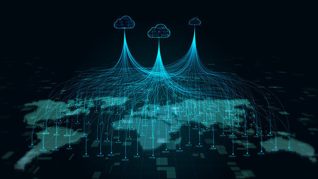 Global Cloud Computing Network with Connected Data Streams Across World Map, Digital Data Infrastructure, Cloud Technology and Big Data Storage, 3d rendering