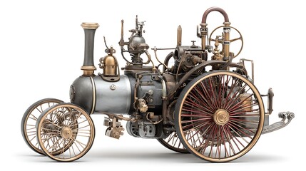 Naklejka premium Steam-powered mechanical model, antique design on white background