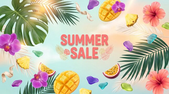Tropical maximalism abundance composition for a vibrant summer sale banner.