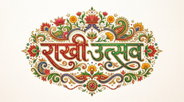 Raksha Utsav Hindi Typography with Ornamental Decorative Frame on White Festive Background