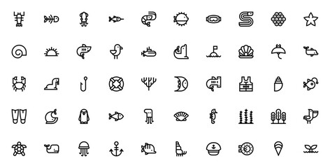 Sea life icon set. Marine vector icons. Featuring lobster, fish, shark, dolphin, whale, jellyfish, octopus, starfish, shell, coral, and more. Editable stroke. © wang