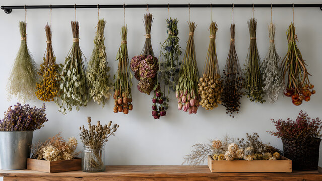 Dried flower hanging rack in a small florist workroom