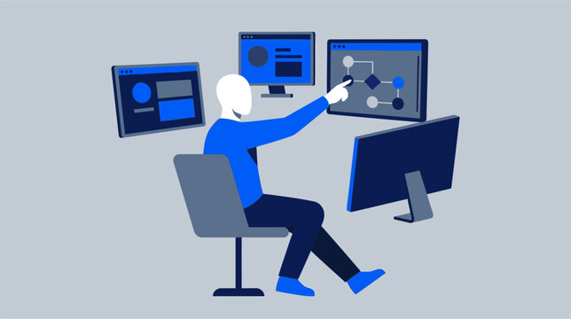 Multi-screen application development environment showing responsive user interface design on desktop, laptop, tablet, and mobile phone screens for software engineering.