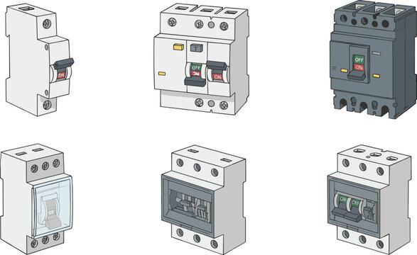 Electrical Circuit Breaker Collection with MCB MCCB Switches Protection Devices and Industrial Power Control Equipment Vector Illustration