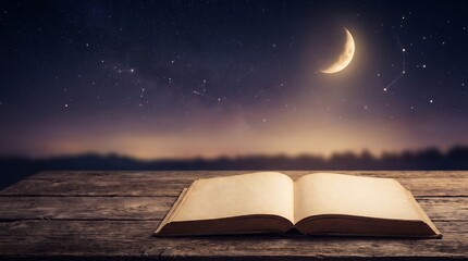 Open book resting on a wooden table under a beautiful crescent moonlit night sky. © ArifRus