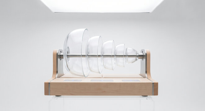 A professional product studio shot of a modern glass harmonica with crystal-clear bowls, presented against a seamless, minimalist matte-white background