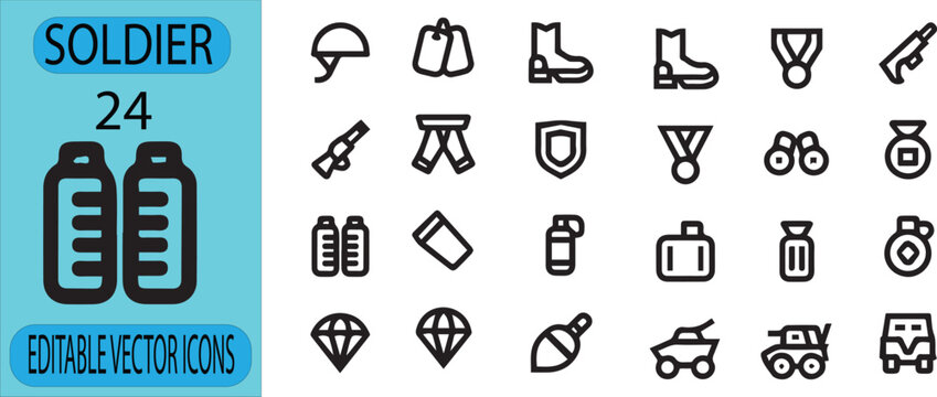 Military Soldier Line Icons Set with Army Equipment Weapons Medals and Tactical Gear Editable Vector Collection