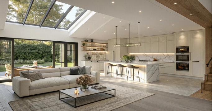 Spacious luxury home interior with an open plan kitchen marble island and architectural skylight. Bright modern villa living room and kitchen combo with sliding glass doors to the backyard