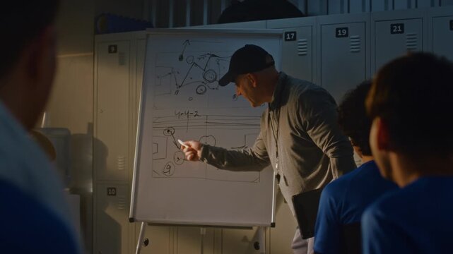 Male Soccer Coach Guiding Teenage Team Through Tactical Game Plan on Whiteboard. Players Listen Intently During Match Break or Post Game Analysis in Changing Room. Youth Sports Competitive Lifestyle.