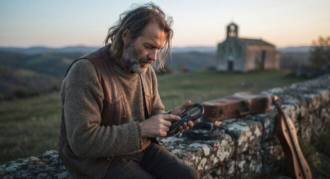 A candid, contemplative photograph of a musician sitting on a stone wall after a practice session, holding the Jew's Harp gently in their fingers, with soft, ambient dusk light 