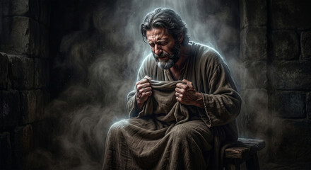 Fototapeta premium Bible, A powerful, high-contrast digital painting depicting Jesus in a moment of intense struggle. He is hunched over, his hands gripping the hem of his rough, coarse robe. 