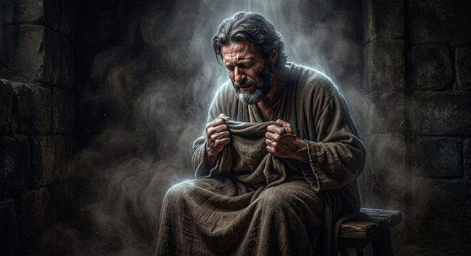 Bible, A powerful, high-contrast digital painting depicting Jesus in a moment of intense struggle. He is hunched over, his hands gripping the hem of his rough, coarse robe. 