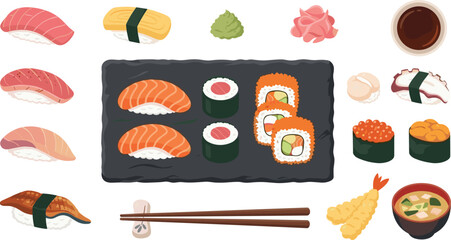 Japanese sushi collection with salmon nigiri, maki rolls, roe, tempura, wasabi, ginger, soy sauce, chopsticks, and miso soup isolated vector © Prodip