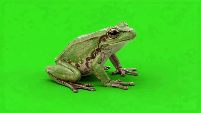 Green Tree Frog Sitting on Bright Chroma Key Studio Background