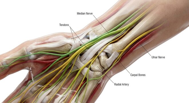 Human Hand Anatomy: Wrist Bones, Nerves, and Arteries Detailed View