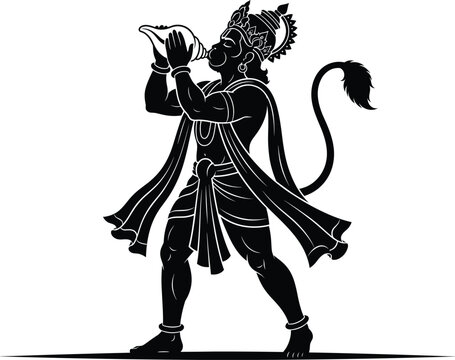 A detailed black and white vector silhouette of the Hindu deity Lord Hanuman blowing a sacred conch shell