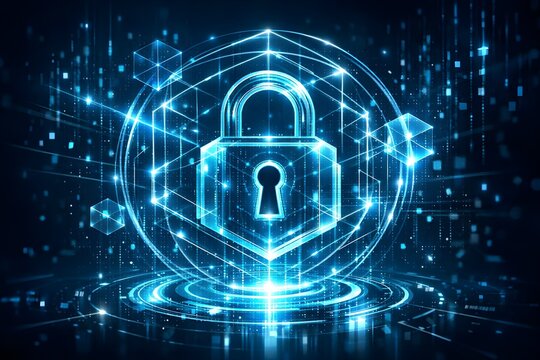 glowing cyber security lock inside futuristic digital shield network background