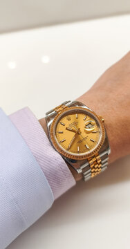 BANGKOK, THAILAND - JULY 10 : Rolex Datejust model, champagne dial with two tone 18k jubilee strap, classic iconic model, in Bangkok, Thailand, on July 10, 2026.