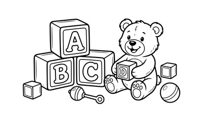 Adorable teddy bear with alphabet blocks coloring page illustration © Nurnobi