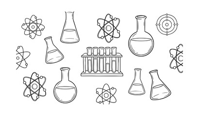 Obraz premium Science equipment collection flasks test tubes and atomic structure diagrams