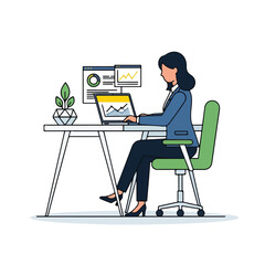 Fototapeta premium Businesswoman Working on Laptop at Office Desk Flat Vector Illustration