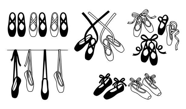 Ballet pointe shoes collection black and white illustration set