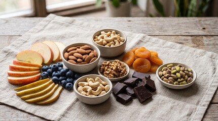 Fototapeta premium A selection of fresh fruit and nuts on a table.