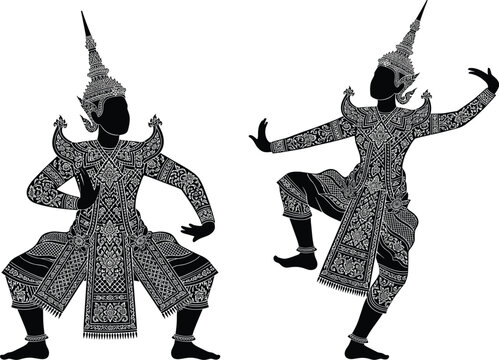Traditional Thai classical dancers in detailed black silhouette isolated on white background for cultural design