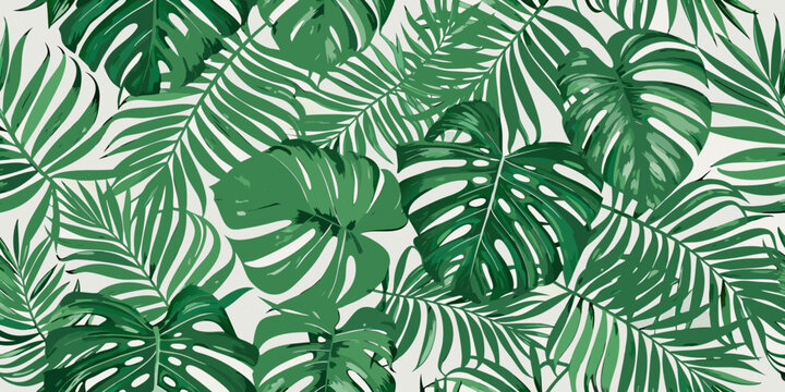 seamless pattern of green monstera leaves on white background tropical botanical nature leaf plant design illustration vector graphic artwork decorative