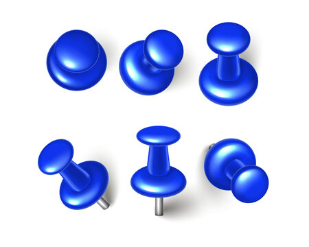 Set of five glossy blue plastic push pins arranged in various angles and positions for office organization tasks isolated on a transparent background
