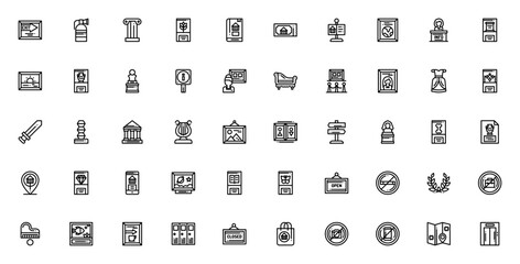 Museum related icon set. Minimal line icons pack. Includes symbols for exit, painting, sculpture, vase, map, elevator and more. Editable vector stroke. © wang