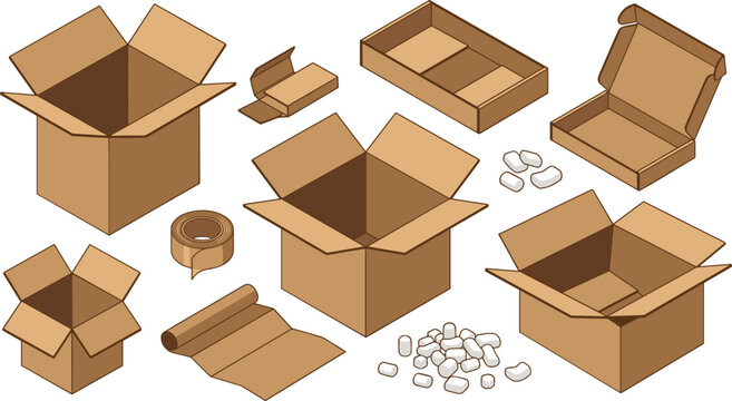 Set of open cardboard boxes, packaging inserts, tape, paper wrap, and foam peanuts isolated on white background vector collection
