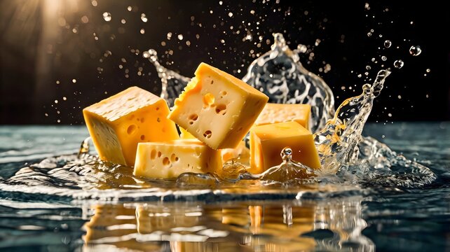 Delicious melted cheese wave with porous maasdam block and crispy bread banner