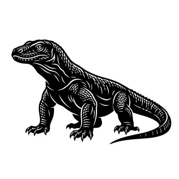 Komodo dragon walking on white background. Large monitor lizard vector illustration in black and white for wildlife design projects.