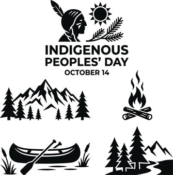 Indigenous peoples day, october 14. icons of native chief, mountains, canoe, campfire.