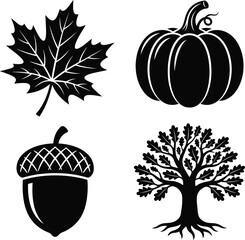 Set of fall autumn vector icons including maple leaf pumpkin acorn oak tree. © Mst Insanara Begum