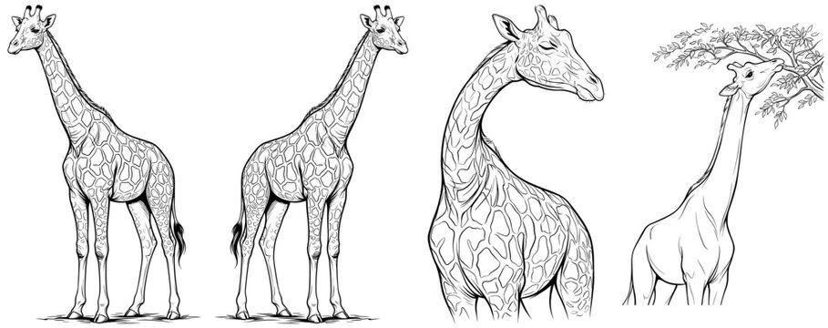 Giraffe illustration set. Black and white line art. Wildlife and nature sketches. For coloring book or apparel design. Suitable for educational posters and stickers.