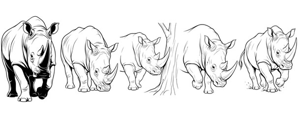 Rhinoceros set illustration. Black white line art. Wildlife animal nature concept. For coloring book or apparel. Ideal for stickers and decals. © codeblend